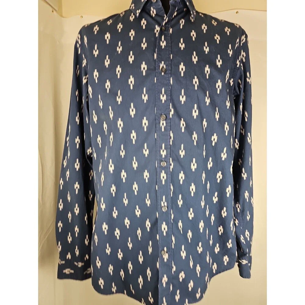 Banana Republic Mens Large Slim Fit Navy Blue Ikat Print Button Down Shirt